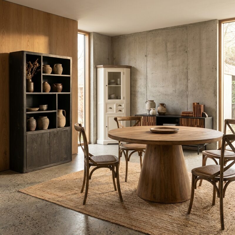 Ronde eetkamertafel in natuurlijk hout met New Vintage-stijl