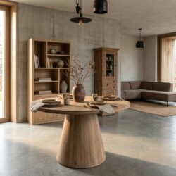 Ronde eetkamertafel van naturel hout in New Vintage stijl