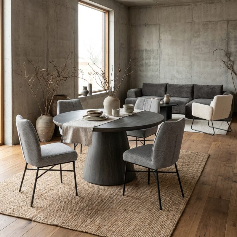 Ronde eetkamertafel olijfbruin met New Vintage stijl