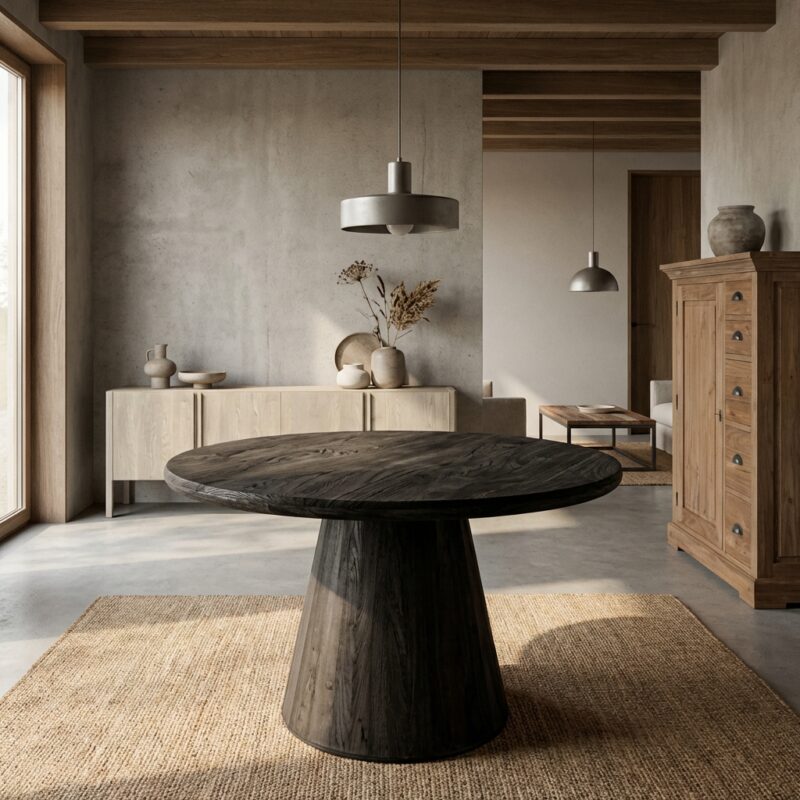 Ronde eetkamertafel in zwart, New Vintage stijl, 130 cm diameter