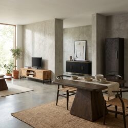 vierkante eetkamertafel in bruin, new vintage stijl, 130 cm lang