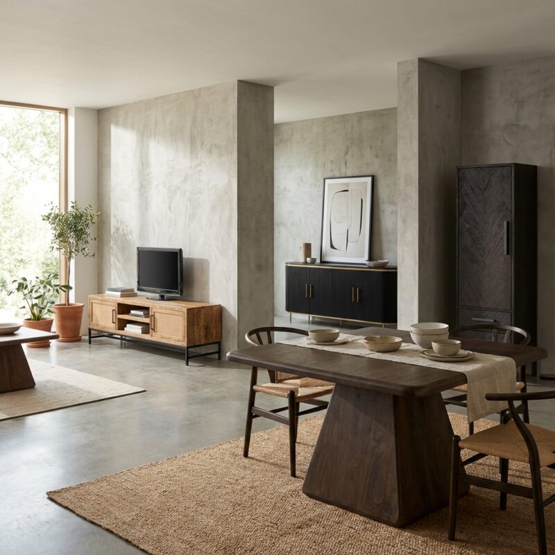 vierkante eetkamertafel in bruin, new vintage stijl, 130 cm lang