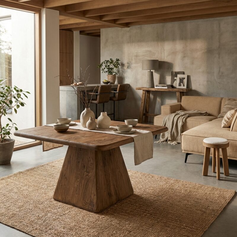 Vierkante eetkamertafel in bruin, new vintage stijl, 150 cm lang en breed