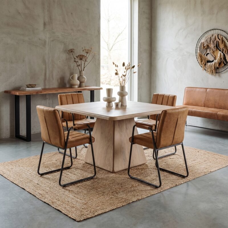 Vierkante eetkamertafel uit natuurlijk hout in New Vintage-stijl