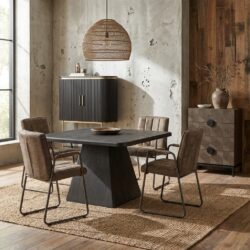 Vierkante eetkamertafel in olijfbruin met New Vintage stijl