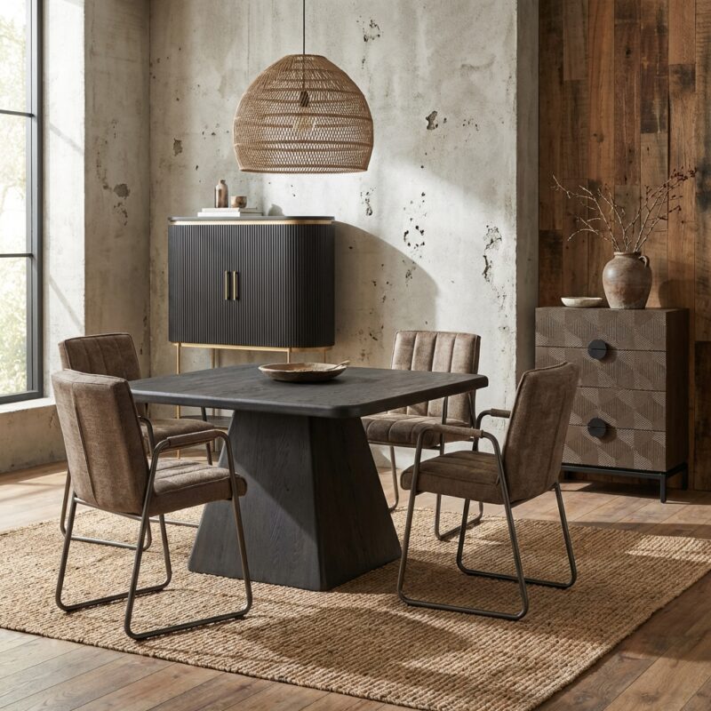 Vierkante eetkamertafel in olijfbruin met New Vintage stijl