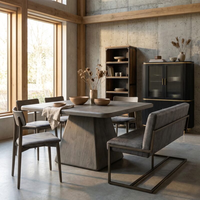 Vierkant eetkamertafel olijfbruin met New Vintage stijl