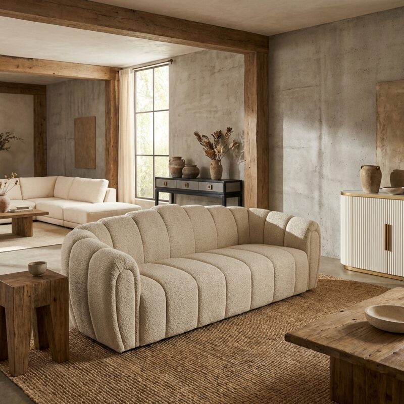 Bank sofa in beige biscotti kleur, handgemaakt en comfortabel