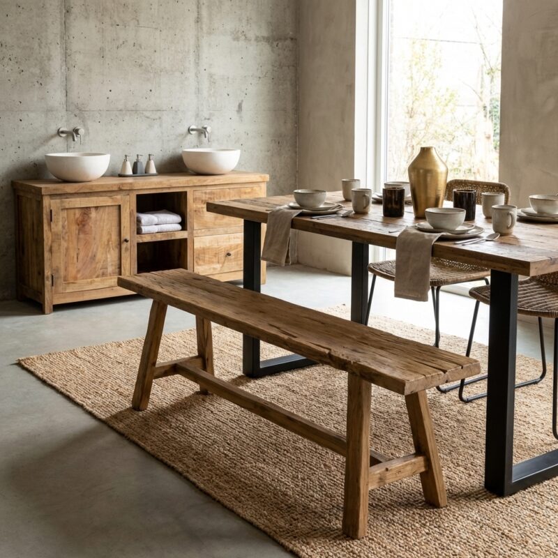 Houten bankje Blora 140 in recycled teak hout met stoer uiterlijk