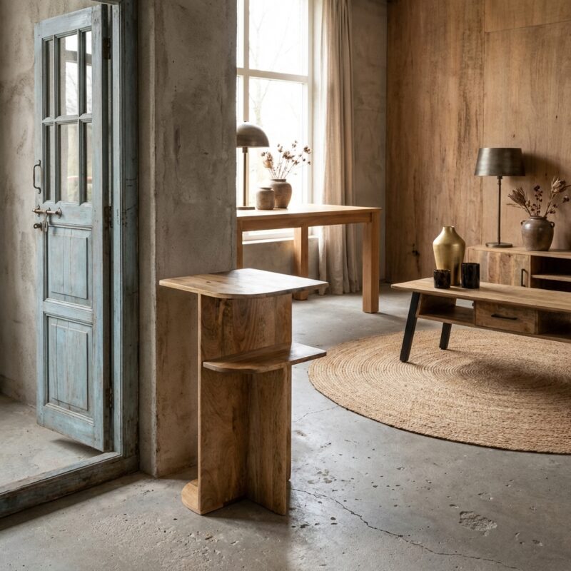 Banktafel Jade Naturel, houten tafel met ronde vormen en extra vak voor accessoires