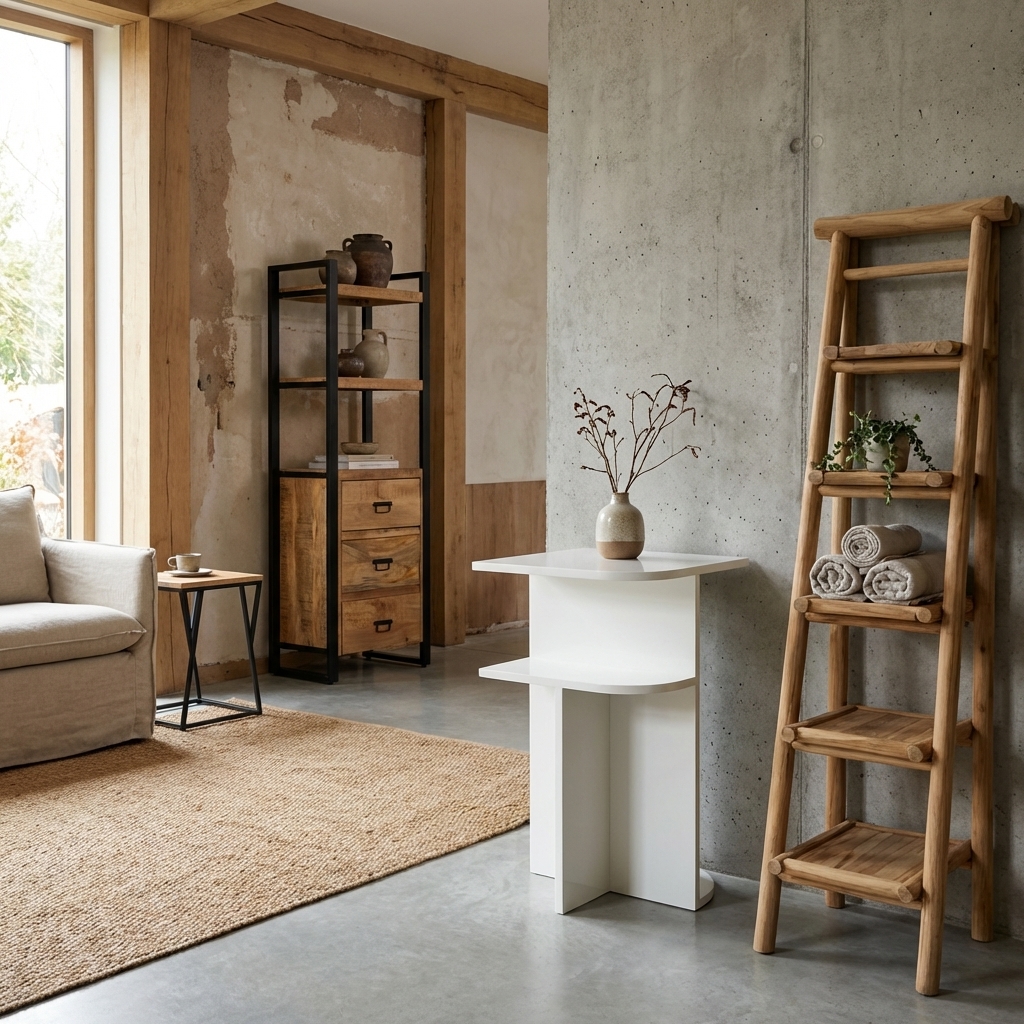 Banktafel Jade Off White, prachtig Japandi-stijl, Off White kleurig hout