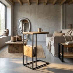 Banktafel met rek in hout en staal, mango hout tafelblad en industrieel frame