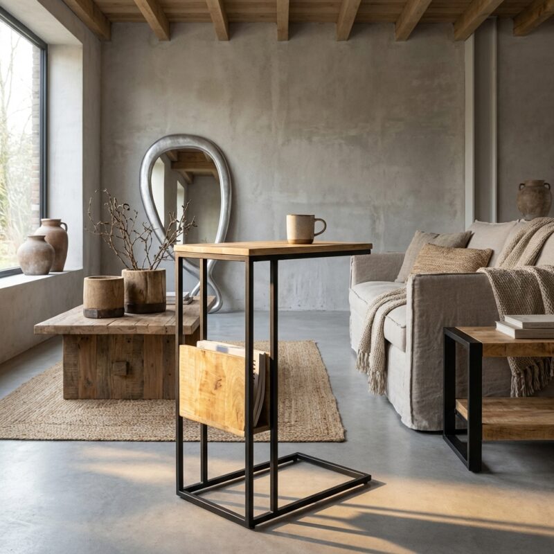 Banktafel met rek in hout en staal, mango hout tafelblad en industrieel frame