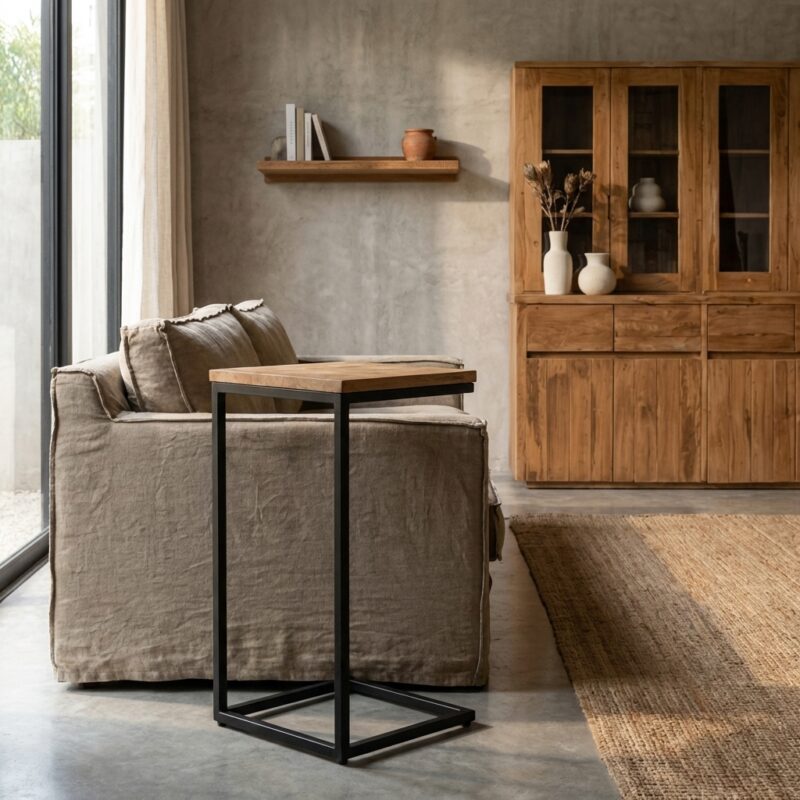 Banktafel Rya, zwart, mangohout, industrieel en modern design