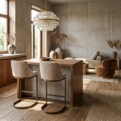 Barstoel Bolton natural geo, goudkleurig, slank frame en gebogen rugleuning