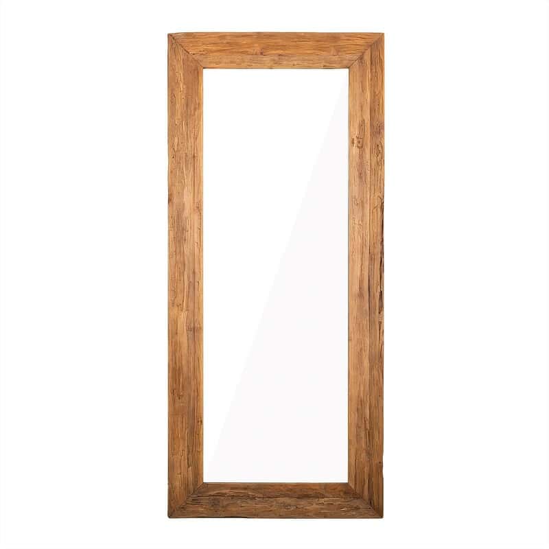 Detail van het gerecycled teakhout van de spiegel