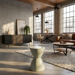 Modern ingerichte woonkamer met Mokana meubels, grote ramen en natuurlijke lichtinval, inclusief salontafel, eettafel en decoratieve accessoires.