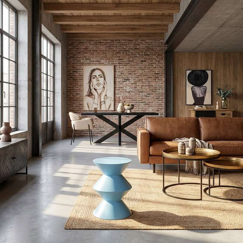Moderne woonkamer ingericht met Mokana meubelen, inclusief een comfortabele bank, ronde salontafels en een eettafel met stoelen, in een ruimte met grote ramen, houten plafond en bakstenen muur.