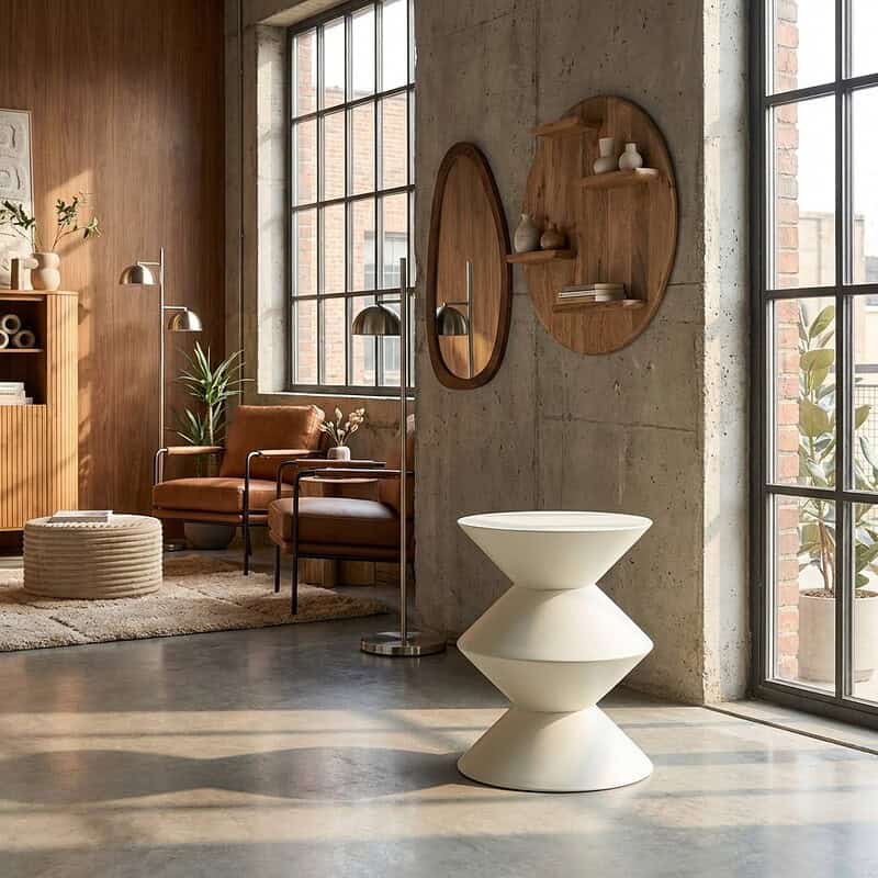 Modern interieur met Mokana meubels, inclusief een witte sculpturale tafel en houten wanddecoraties, in een lichte, industriële ruimte met grote ramen en natuurlijke lichtinval.