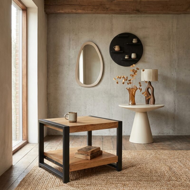 Bijzettafel Britt met onderblad in mangohout en metaal, 60 cm breed en hoog