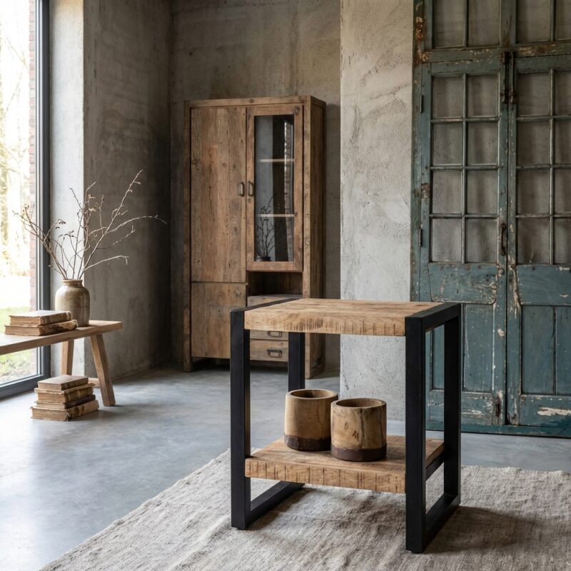 Bijzettafeltje Britt 60 in zwart hout en stalen frame