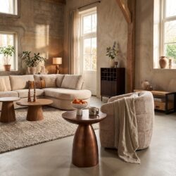 Bijzettafel Jarah, ovale salontafel met koperen gouden finish en aluminium frame