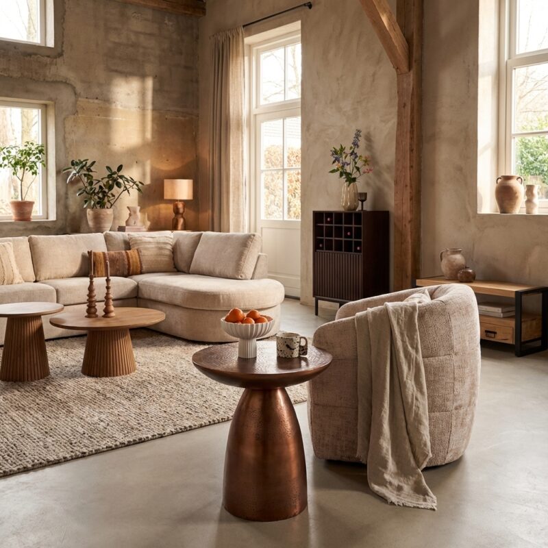 Bijzettafel Jarah, ovale salontafel met koperen gouden finish en aluminium frame