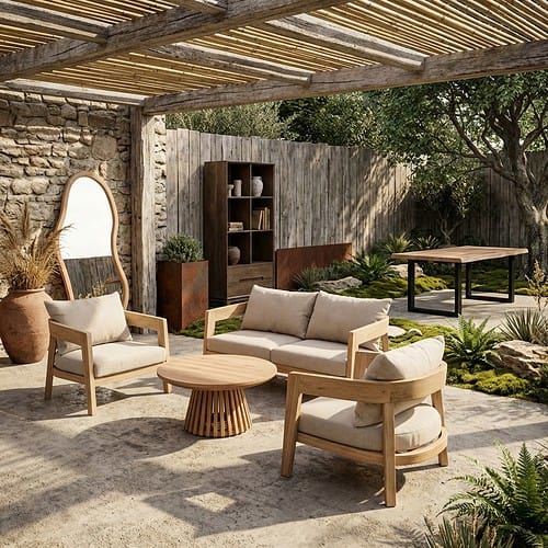Mokana Meubelen buiten lounge set Bilbao-Gartenmöbelgarnitur mit bequemer Bank und luxuriösen Kissen aus naturbelassenem Teakholz