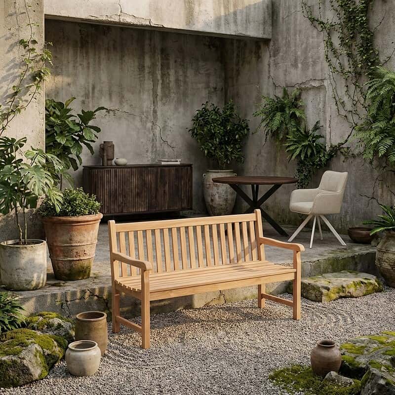 Tuinbank Bison 150 cm van Livingfurn, naturel teakhout, open design