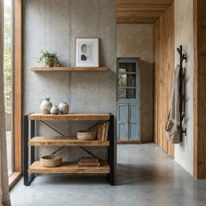 Boekenkast Britt 120, houtkleur, mango hout en staal frame, industriële stijl