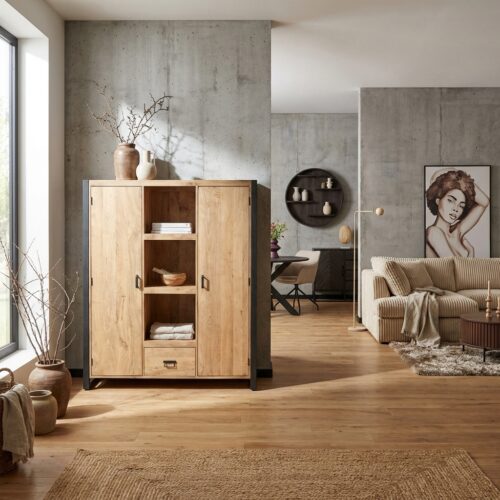 Boekenkast Britt, mangohout, lichte finish, zwarte lak, moderne stijl