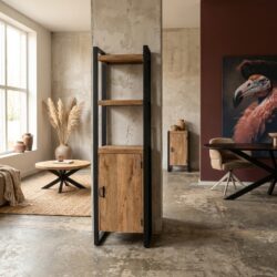 Boekenkast Britt, mangohout, lichte finish, zwarte lak, moderne stijl