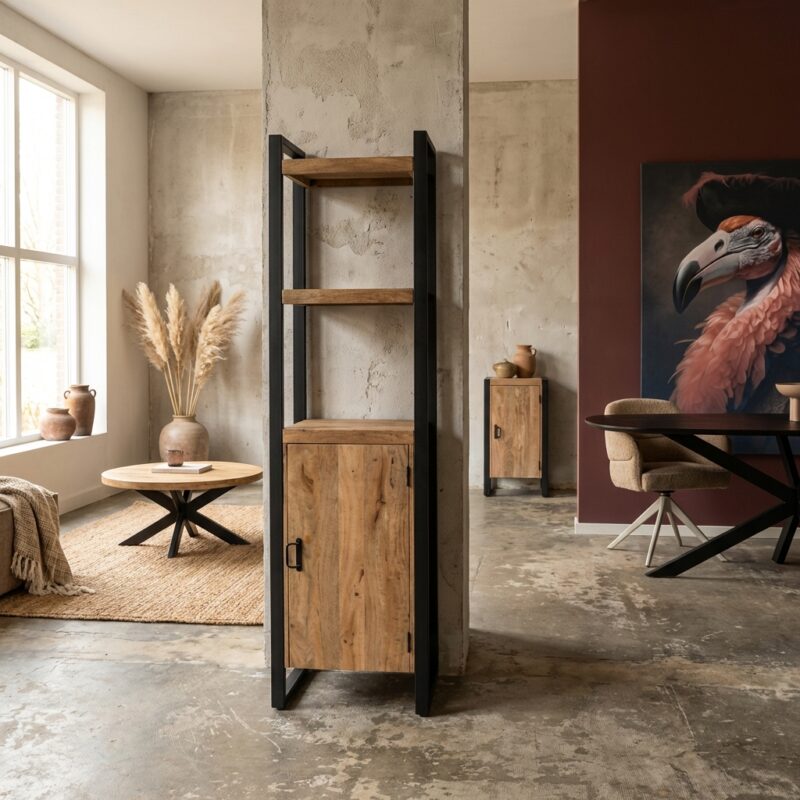 Boekenkast Britt, mangohout, lichte finish, zwarte lak, moderne stijl