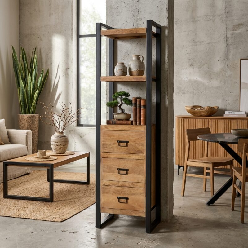 Boekenkast Britt, mangohout, lichte finish, metalen frame en handgrepen