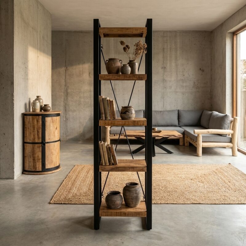 Boekenkast Britt 55, houtkleurig, mangohout en staal, industriële stijl