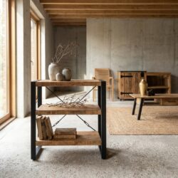 Boekenkast Britt 90, houtkleurig, mangohout en staal, industrieel ontwerp