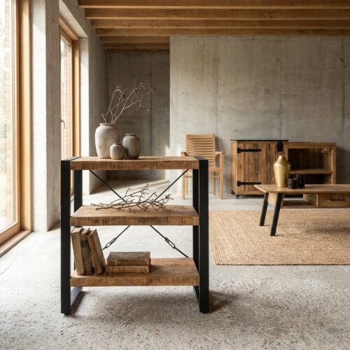 Boekenkast Britt 90, houtkleurig, mangohout en staal, industrieel ontwerp