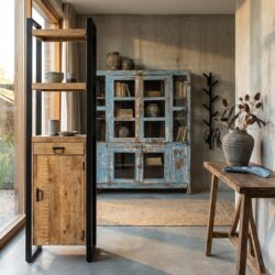 Boekenkast Britt met lade en deur, zwarte houten kast met metalen frame