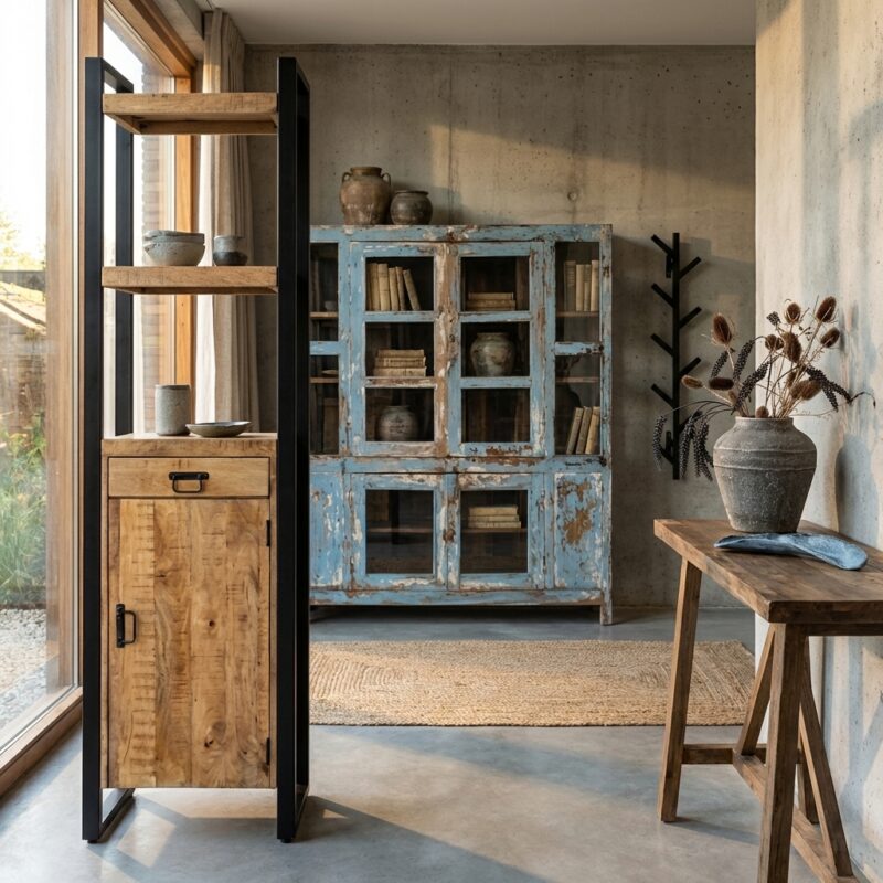 Boekenkast Britt met lade en deur, zwarte houten kast met metalen frame