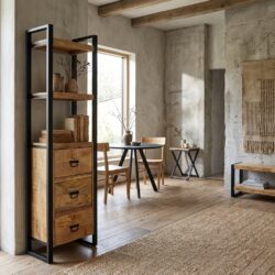 Boekenkast Britt met laden, houtkleurig, mangohout en metalen frame