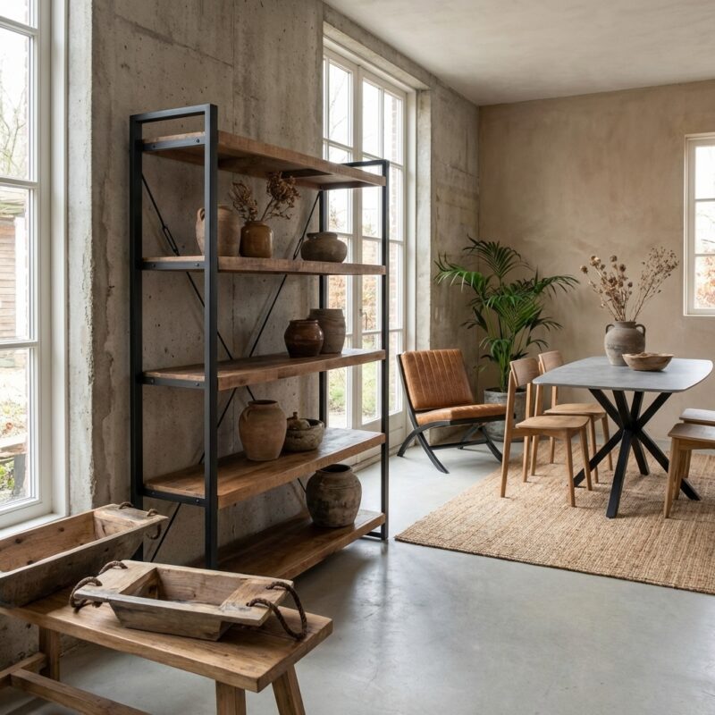 Boekenkast Britt Open 120, houten boekenkast met open planken en industrieel design