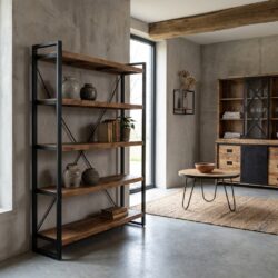 Boekenkast Britt Open 160, houtkleurig, mangohout en staal met poedercoat, open opbergoplossing