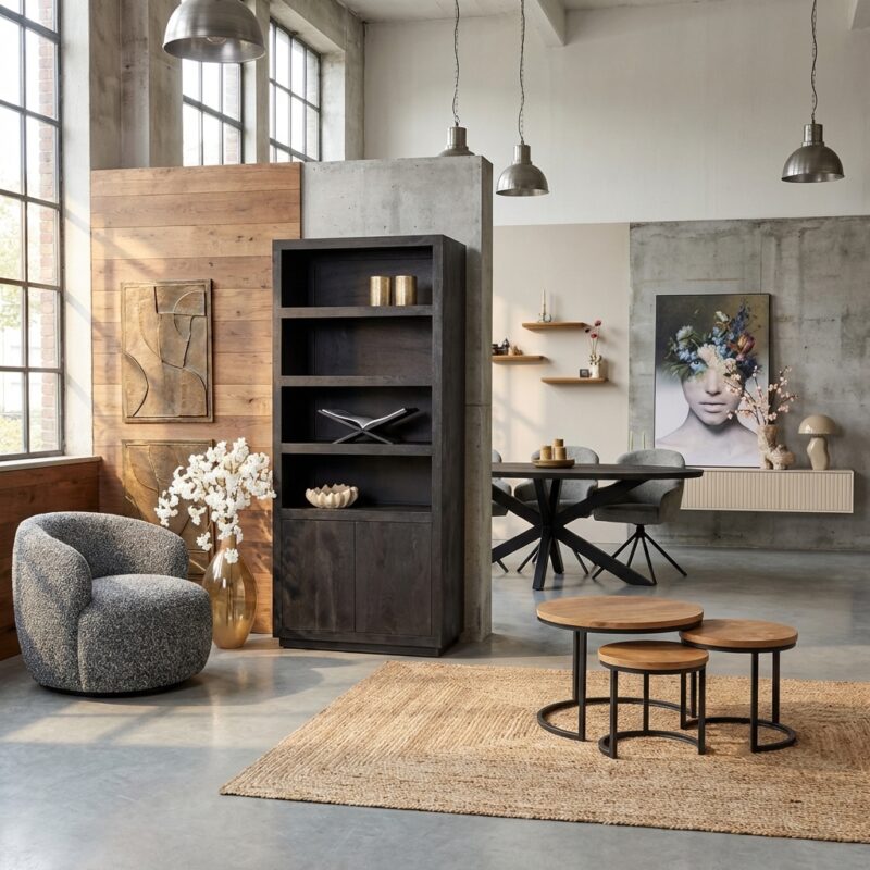 Boekenkast Brussel Black, stijlvolle black finish en mangohout