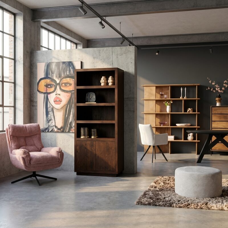 Boekenkast Brussel Brown, mangohout, bruine finish, stijlvol design