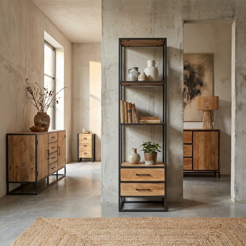 Boekenkast Dakota 2 lades massief mangohout woonserie