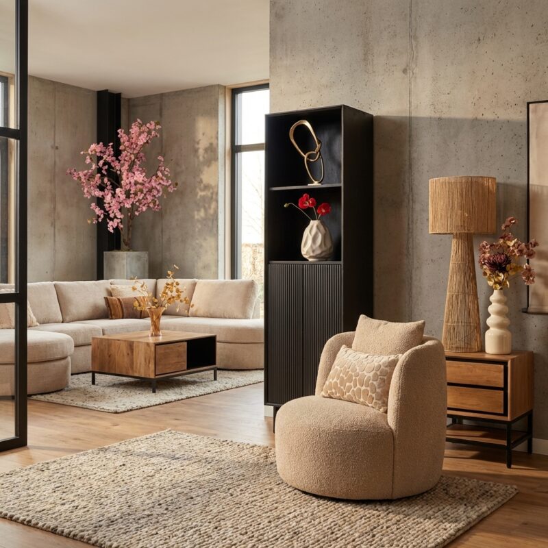 Boekenkast Madison Black, woonserie, mangohout, zwarte lak, 55 cm breed