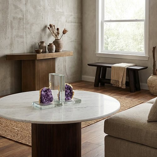 Zwevende houten salontafel met marmeren blad in een modern, minimalistisch interieur met natuurlijke decoratie en grote ramen voor veel natuurlijk licht.