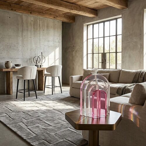 Zachte, moderne woonkamer met natuurlijke houten plafond, grote raampartij en comfortabele beige bank, perfect voor een stijlvolle en gezellige woonruimte.