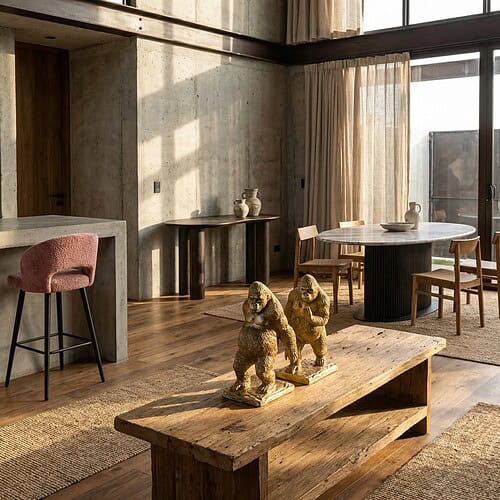 Hoge resolutie afbeelding van een modern interieur met een houten salontafel, eetkamertafel en comfortabele stoelen, perfect voor een stijlvolle woonkamer of eetruimte.