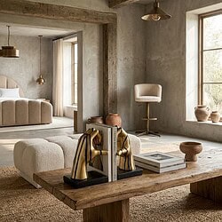 Zachte, beige stoffen bank en bijpassende fauteuil in een minimalistisch, natuurlijk interieur met grote ramen en aardetinten, perfect voor een moderne woonkamer.